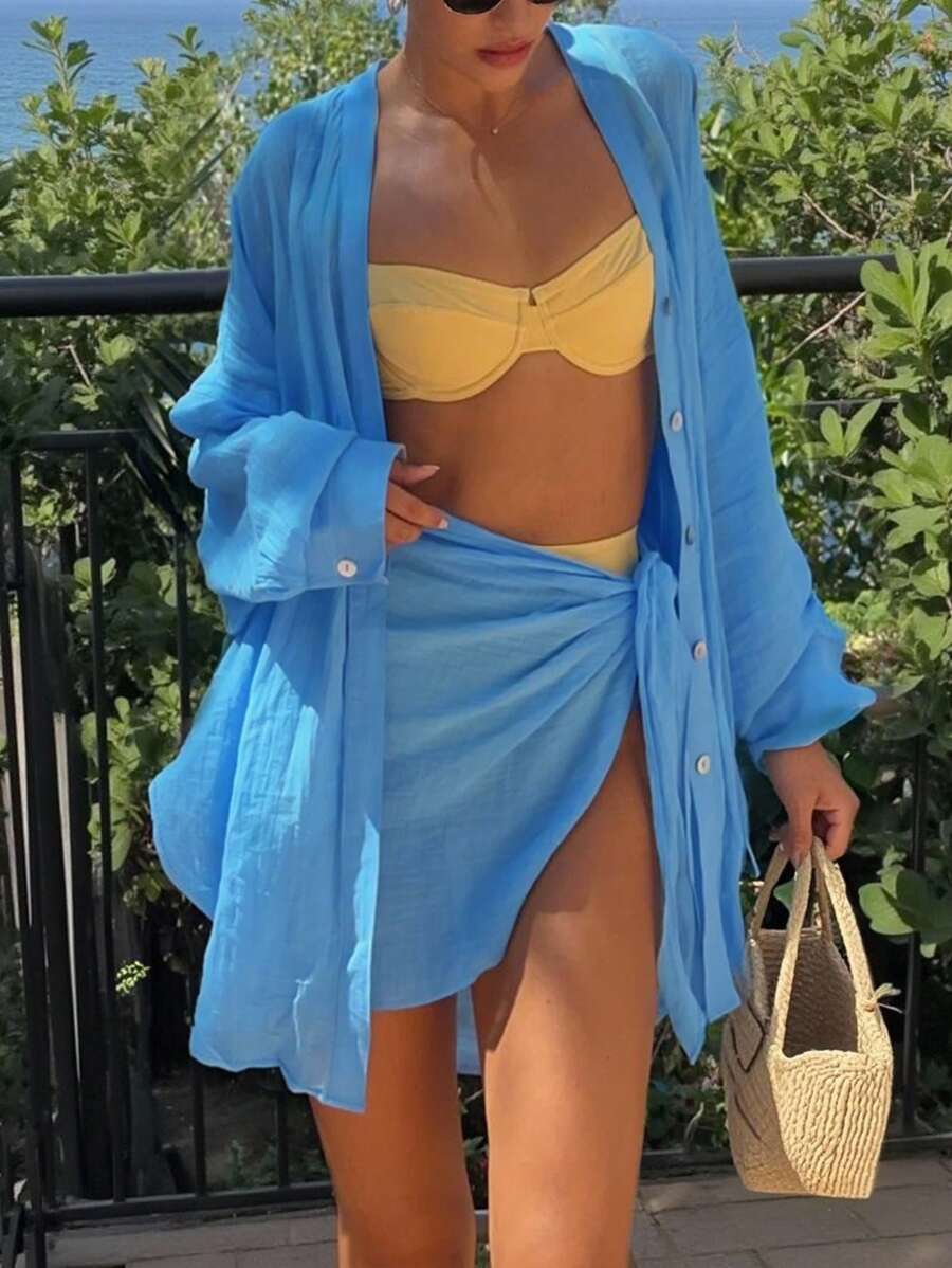 INAWLY 1 Set Plus Size Casual Solid Color Long Sleeve Shirt And A-Line Skirt Fall Cloth For Women - Blue - View 1