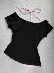 INAWLY Camiseta casual de verano para mujer de 2 en 1 con cuello halter y manga corta en color contrastante - Multicolor - Ver 2