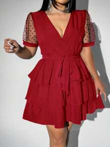 Viva Relle 大码女式时尚优雅V领系带多层连衣裙 - 紅色 - 查看 6