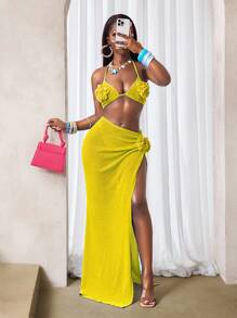 BamGleam 女士3D立体花卉装饰露脐吊带上衣和开衩裙性感两件套 - 黃色 - 查看 3