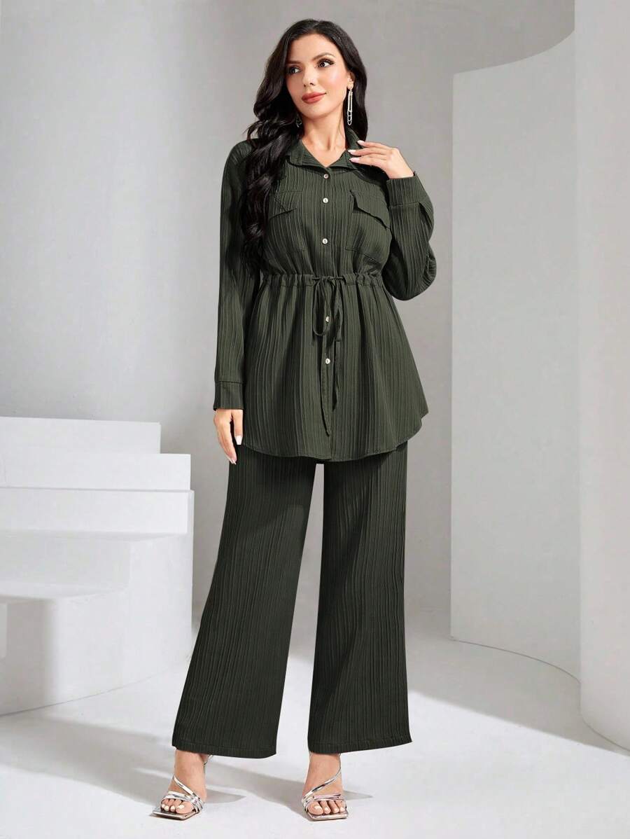 Graceveil Flap Pocket Drawstring Waist Shirt & Wide Leg Pants 2 Pieces Set Modest - Army Green - View 1