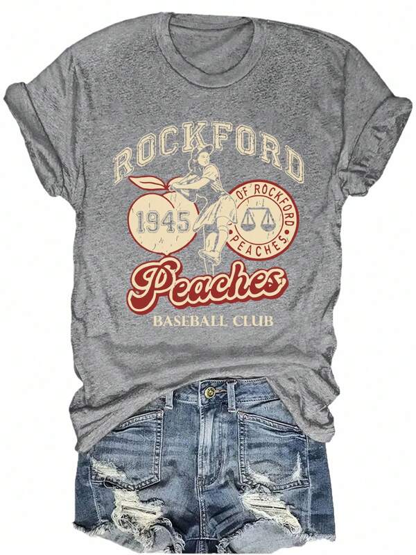 Plus Size Letter & Portrait Print Casual Round Neck Short Sleeve T-Shirt, Suitable For Summer
