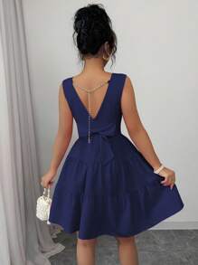 Elenzga 女士优雅纯色珍珠链蝴蝶结装饰连衣裙 - 寶藍色 - 查看 7