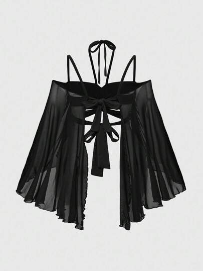 Goth Plus Size Y2K Beach Goth Butterfly Pattern Patchwork Bell Sleeve Cropped Top