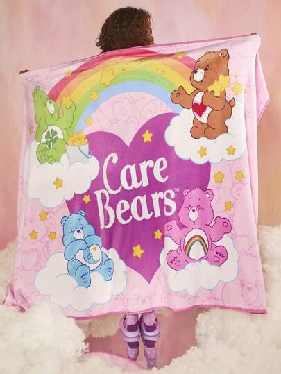 SHEIN X Care Bears 心形和熊图案珊瑚绒毯，礼物，情人节