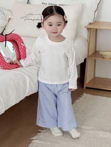 DAZY 女童休闲圆领T恤和条纹宽松裤家居服套装 - 藍白色 - 查看 7