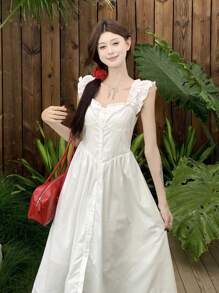 Women's Solid Color Mid-Length Korean Style Fresh Summer Dress Boho - White - View 4