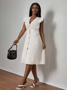 SHEIN PETITE CURVE Plus Size Summer Casual Solid Color Textured Front Button Dress, Summer Outfits For Women, Suitable For People Of Shorter Stature - Apricot - View 3