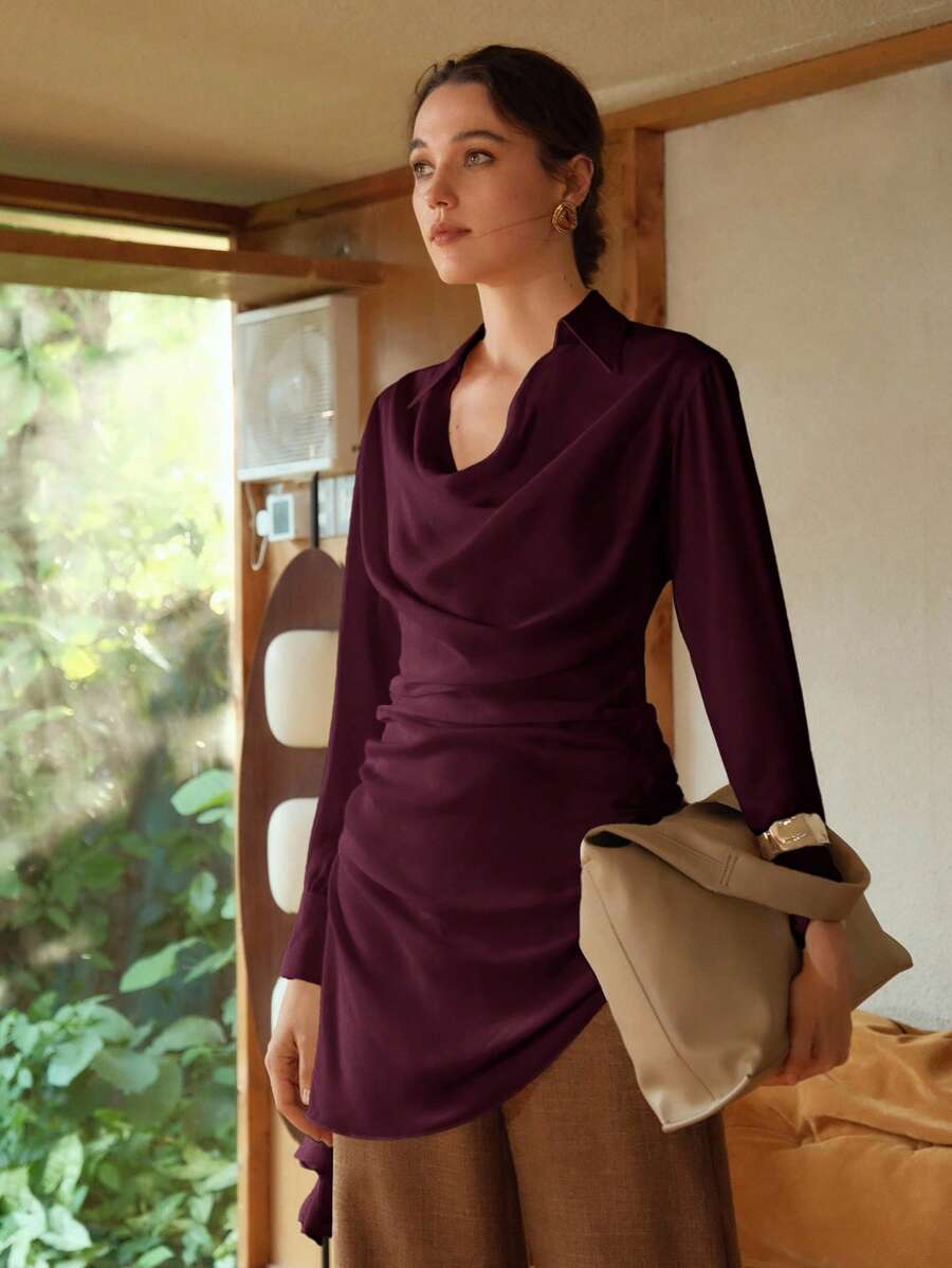 Revavyn Áo kiểu nữ cổ điển sang trọng bằng chiffon, xếp ly, cổ lệch vai, thích hợp mặc đi làm, cổ đổ, màu mận, màu tím đậm, áo kiểu nữ màu đỏ bằng chiffon dáng rộng, thích hợp cho lễ hội, đi nghỉ mát, áo đỏ, áo dáng rộng mùa thu, mùa thu. - Màu Đỏ Sâu - Xem 1