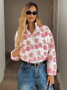 Easowa Áo khoác ấm áp Sherpa họa tiết hoa thanh lịch, giản dị/đi làm, có khóa kéo phía trước, túi đứng, cổ đứng, vải có họa tiết cho mùa thu/đông - Hồng - Xem 6