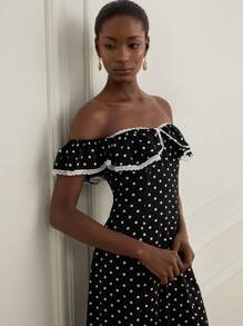 Revavyn 法国复古黑白波尔卡圆点、荷叶边和蕾丝镶边下摆、百搭优雅女装 - 彩色 - 查看 3