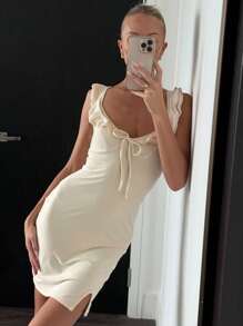 DAZY Women Ruffle Trim Slit Waist Bodycon Mini Dress - Apricot - View 1