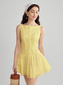 Enchnt Váy mini thêu viền bèo nhún đơn hàng khuy cắt laser cho nữ - Màu vàng - Xem 7