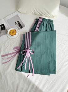 Comfortcana Pantalón con piernas rectas y holgado de talla grande con rayas verdes y ribete contrastante