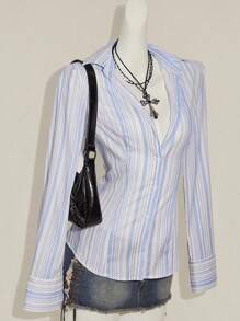 SHEIN ICON Women's Striped Shirt, Vintage Sexy Backstrap Cinched Waist Office Mermaid Style, Avant-Garde - Multicolor - View 5