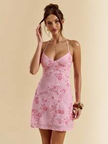 SHEIN BAE 春夏纯粉色亮片露背系带度假迷你连衣裙，优雅连衣裙，伴娘短款鸡尾酒会礼服，适合度假、海滩、音乐节、生日、早午餐、婚礼宾客着装 - 淺粉色 - 查看 4