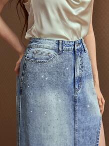 SHEIN EZwear 女式新款水钻高开衩修身优雅牛仔裙，适合所有季节 - 藍色 - 查看 6