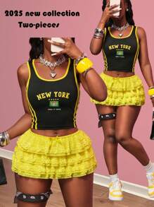 Slaydiva Bộ 2 món/Bộ Xuân/Hè 2025 Áo ba lỗ in họa tiết khối màu vàng phong cách đường phố thường ngày không tay cổ tròn không tay ôm vừa vặn quần short ren viền nhún nhiều lớp cho nữ - Nhiều màu - Xem 8