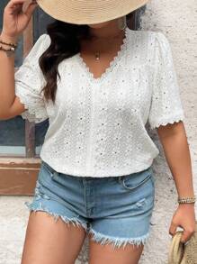 Nubod Camiseta de punto jacquard de manga corta y cuello en V para uso casual de diario, talla grande, verano