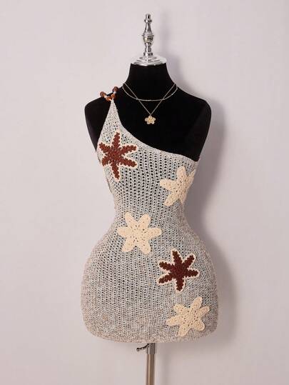 SHEIN ICON Crocheted Floral One Shoulder Backstrap Elastic Mini Dress Sexy Dress Starfish Dress