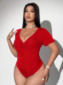 Viva Relle Plus Size Women Deep V-Neck Textured Bodysuit