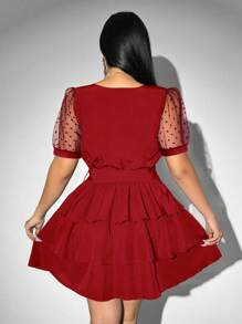 Viva Relle 大码女式时尚优雅V领系带多层连衣裙 - 紅色 - 查看 2