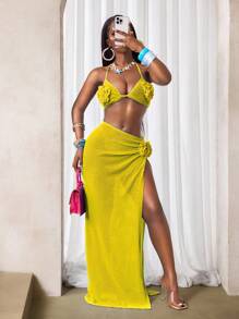 BamGleam 女士3D立体花卉装饰露脐吊带上衣和开衩裙性感两件套 - 黃色 - 查看 4