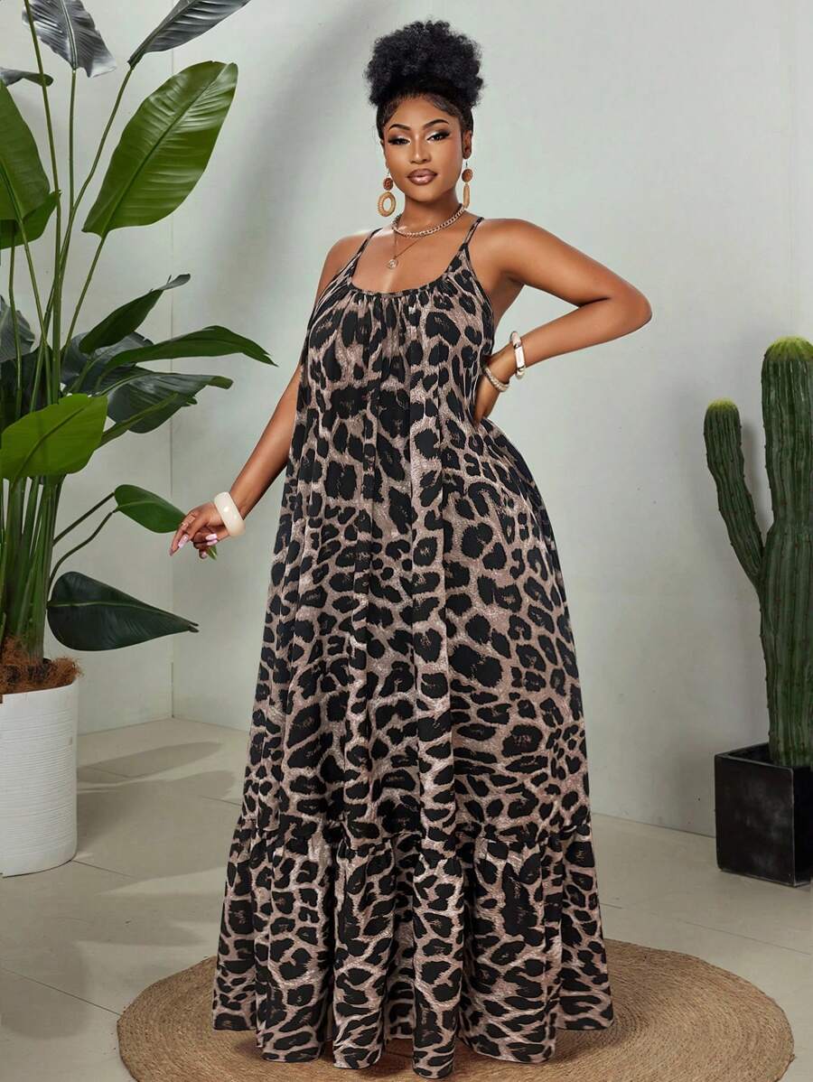 Maweii 2025 女式加大码优雅日常穿着时尚拼色豹纹梭织面料高端百搭设计感度假吊带裙，春夏