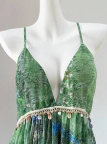 SHEIN LUNE 大码女式 V 领修腰吊带吊带装饰露背连衣裙，节日装，春夏季 - 綠色 - 查看 4