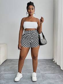 SHEIN PETITE CURVE Plus Summer Casual Checkered Print Drawstring Shorts  Plaid Shorts Micro Short Plus Size Summer Clothes For People Of Shorter Stature - Black and White - View 6