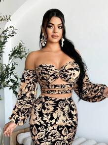 SHEIN SXY 休闲时尚全身印花性感露肩女式上衣 - 黑色 - 查看 7