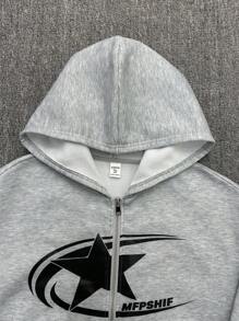 SHEIN Bolty 青少年男童 1 件套休闲运动街头舒适百搭保暖超高性价比宽松休闲连帽大 Logo 几何图案中分口袋连帽卫衣；秋冬季；秋冬季青少年拉链卫衣灰色拉链卫衣；返校季； - 灰色 - 查看 3