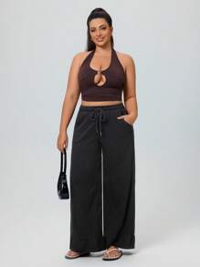 SHEIN Essnce 大码女式休闲度假柔软弹力针织牛仔裤 - 黑色 - 查看 6