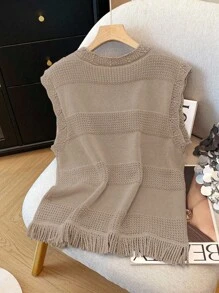 Franclia Casual Textured Patchwork Shell Trim Fringe Hem Knit Sleeveless Pullover Top For Women, Spring/Summer - Khaki - View 6