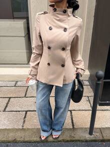 Muchica Women's Autumn New Style Stand-Up Collar Long-Sleeved Double-Breasted Waist Trench Coat, Suitable For Daily Street Wear - Khaki - View 5