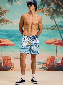 Surfspeed 男士夏季休闲印花抽绳沙滩短裤 - 黑色 - 查看 3