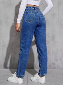 SHEIN Cottnline Women's Light Wash Ripped Tapered Casual Jeans - Medium Wash - View 2