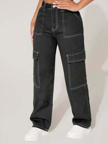 SHEIN PETITE Pantalones vaqueros de carga de pierna recta lavados informales para mujeres