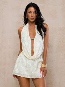 SHEIN Glamour Women's Sexy Backless 2 Pieces Outfit, Suitable For Summer Vacation Boho White Dress White Beach 2 Pieces - White - View 3