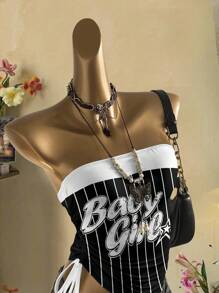 Attitoon Back To School, Black & White Striped, Retro Baby Girl Pattern, Punk Rock Style, Y2K Punk Hottie, Suitable For Music Festivals, Beach, Summer Miami Girl Tie-Front Crop Top Baby Girl Striped Tube Top Women Summer Top Beach Y2k Fashion,Back To School Goth Suitable For Going Out - Black and White - View 5