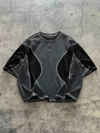 AXEPEAK Camiseta casual holgada de cuello redondo con contraste de color para hombres de talla grande