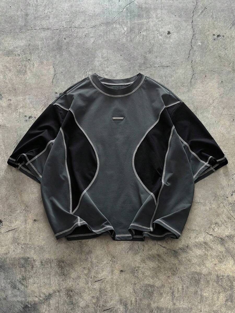 AXEPEAK Camiseta casual holgada de cuello redondo con contraste de color para hombres de talla grande