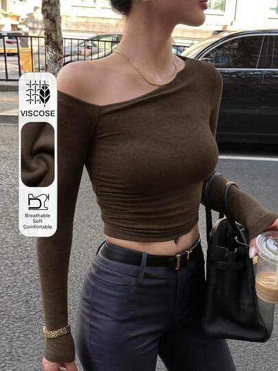 DAZY Women Solid Color Asymmetric Off-Shoulder T-Shirt Fall Tops Long Sleeve Top
