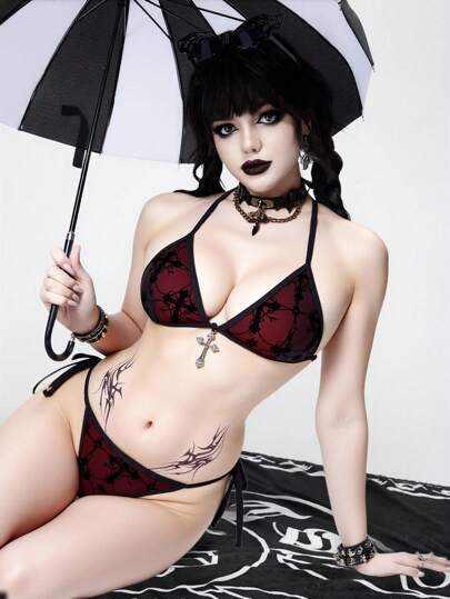 Goth 2pcs/Set Women's Gothic Cross Lace Triangle Cup Metal Ring Bikini Set, Casual For Vacation, Beach Party, Halloween