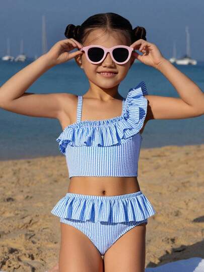 Conjunto de 2 piezas de bikini para niña, conjunto de bikini de triángulo con volantes asimétricos en los hombros y tirantes ajustables, en azul y blanco a rayas, traje de baño