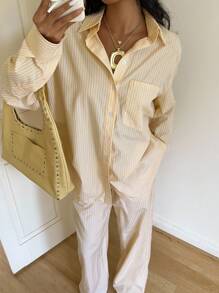 SHEIN EZwear قميص كاجوال طويل الأكمام للنساء بجيب أمامي وطباعة مخططة - أصفر - مشاهدة 5