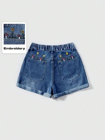 Plus Size Girls Casual Cute Pocket Mushroom & Sunflower Embroidered Rolled Hem Denim A-Line Shorts