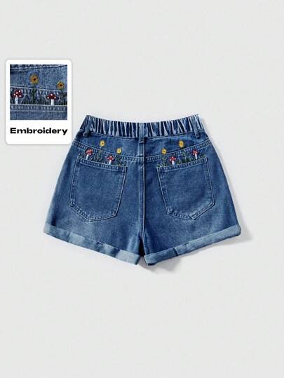 شورتات جينز قصيرة دائرية الذيل من الدنيم مطرزة بزهور عباد الشمس والفطر، قطع ملابس كاجوال جميلة للفتيات البدينات