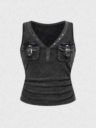 Grunge Punk maglietta corta attillata in maglia stile vintage lavato vintage con taschino e arricciature, senza maniche, disponibile in taglie comode, colori nero/grigio