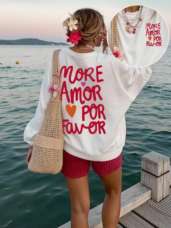 DrmWander Plus Size Women Slogan & Heart Print Round Neck Drop Shoulder Long Sleeve Casual Sweatshirt